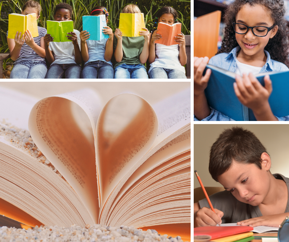 5 children reading a book, book pages bent to make a heart, girl with glasses reading, male student writing