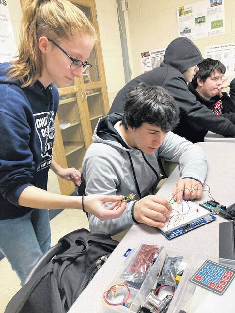 WHS juniors Brianna Brunke and Phil Fulton working on engineering project